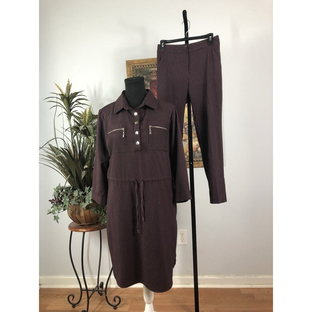 ERTU 42 Women 2Pc Mini Shirt Dressβ Pants Striped 3/4 Sleeve Cuffed Maximalist